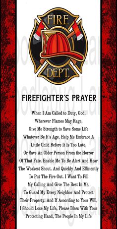 a firefighter's prayer card with the words fire department written in black and red