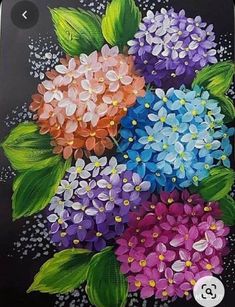 a painting of colorful flowers with green leaves on the bottom and blue, pink, purple, orange and white flowers in the middle