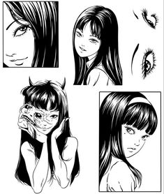 four black and white illustrations of girls with long hair, one holding her face to the side