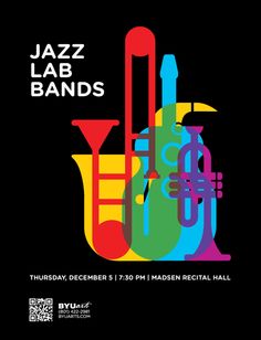 the poster for jazz lab bands, which features colorful musical instruments and music staffs