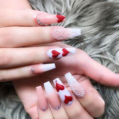 February Nails, Romantic Nails, Valentine Nails, Heart Nail, Blue Nail, Coffin Nails Long