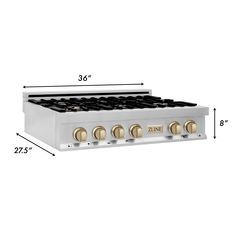 a white stove top with four burners and three knobs on each side, measurements for