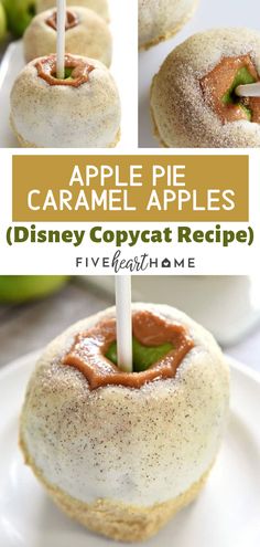 apple pie caramel apples on a white plate with the title overlay above it