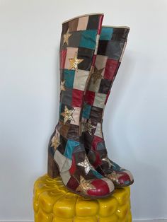 ITEMS PURCHASED BETWEEN 11/20-1130 WILL SHIP 12/1  Andy from JJ Flash would fly to England and have these boots custom made.  As is, no returns. See full description and images. Iconic early 1970s glam rock boots. Patchwork outer with red, teal, plum, black, brown, and grey leather. Silver snakeskin stars appliqued on top. Lined in solid brown leather. Interior zipper and wooden stacked block heel. "Made in England" faintly stamped on the bottom. Damage notes: Wear consistent with age. Some stai 1970s Glam Rock, 70s Rockstar, 1970s Glam, Thought Daughter, Dr Shoes, Shoe Wishlist, Funky Shoes, Leather Patchwork, Aesthetic Shoes