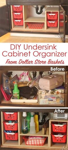 an undersink cabinet with baskets and other items in it, before and after