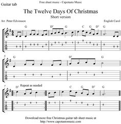 the twelve days of christmas sheet music for guitar with chords and tabs on it