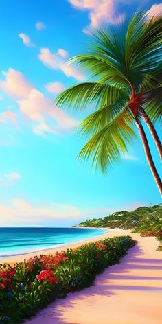 a painting of a tropical beach scene with palm trees and flowers on the shore line