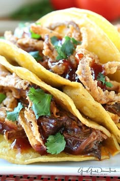 three tacos on a plate with meat and cilantro