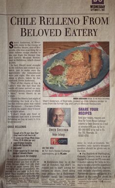 a newspaper article about the chili relleno from beloved eatery, with an image of chicken and rice