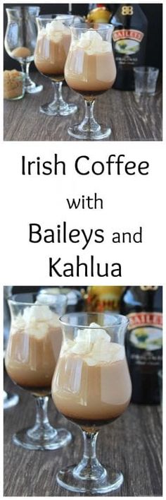 irish coffee with bailey's and kahlua in glasses on a wooden table