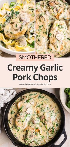 creamy garlic pork chops in a skillet with broccoli