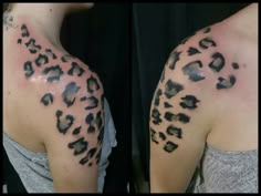 two pictures of the same woman's shoulder with black and grey leopard print on it