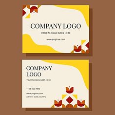 two business cards with an abstract design on the front and back, both in yellow and red