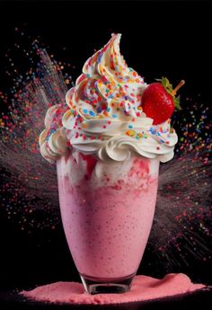 a strawberry milkshake with whipped cream and sprinkles