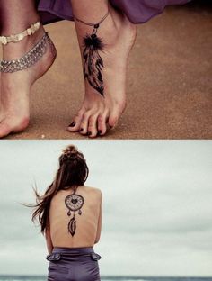 two pictures one with a woman's back tattoo and the other with her foot tattoos