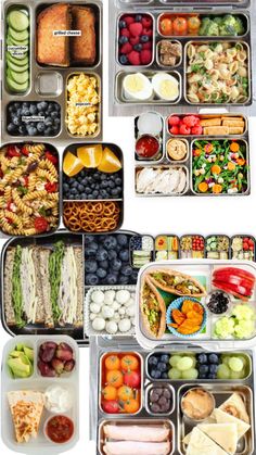 an assortment of healthy food packed in plastic containers on a white background, including fruits and vegetables