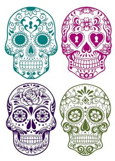 three sugar skulls in different colors