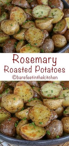 rosemary roasted potatoes in a pan with the title overlay above it, and an image of