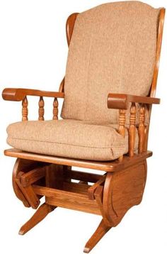 a wooden rocking chair with beige upholstered seat and back cushions, on an isolated white background