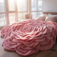 a large pink flower is on the bed