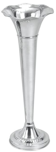 a silver vase sitting on top of a metal stand