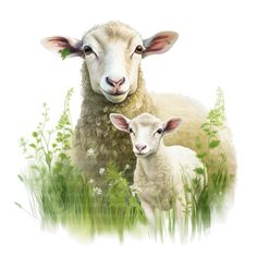 two sheep standing next to each other in tall grass and flowers on a white background