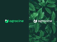 the logo for agracine is shown in front of green leaves on a black background