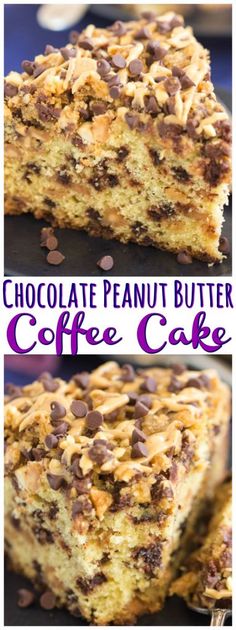 chocolate peanut butter coffee cake is cut in half and stacked on top of each other