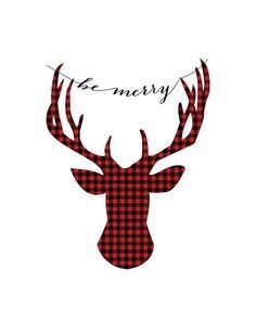 a red and black plaid deer head with the word merry written on it's antlers