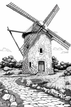 a black and white drawing of a windmill