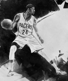 a black and white photo of a basketball player with the pacers on his jersey