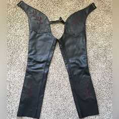 Vintage Women’s Leather Chaps. Red Leaf Design On The Sides. Snap Up Sides. Excellent Condition. Leaf Design, Leather Women, Vintage Ladies, Pant Jumpsuit, Straight Leg, Pants For Women, Women Shopping, Leather, Black