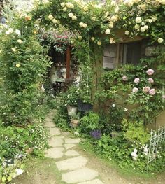 the garden is full of flowers and greenery, including roses growing on the walls