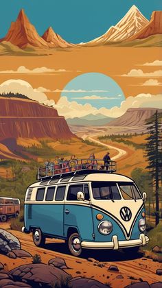 a vw bus parked on the side of a dirt road with mountains in the background