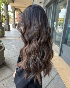 Balayage On Dark Brunette, Long Black Hair With Layers Balayage, Dark Hair Highlights Blonde, Full Head Brown Highlights, Long Dark Brunette Hair With Highlights, Brunette Balayage Hair On Black Hair, Balayage Long Brown Hair, Highlights Dark Brown Hair Balayage, Dark And Light Balayage