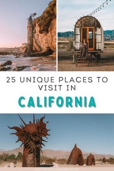 two pictures with the words 25 unique places to visit in california