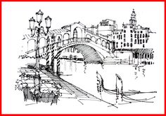 a black and white drawing of a bridge over a river with buildings in the background