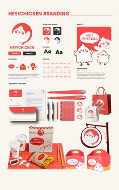 the brand identity and packaging design is displayed in red, white and orange colors with an animal