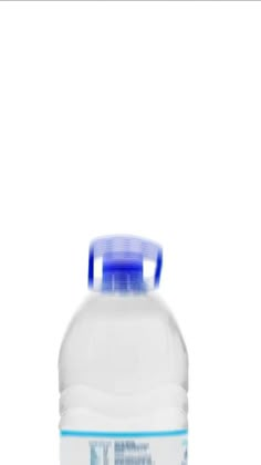 a large bottle of water on a white surface with a blue cap and plastic lid