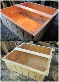 two pictures showing the inside and outside of a wooden box with metal mesh in it