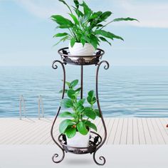 a potted plant sitting on top of a metal stand next to the ocean in front of a pier