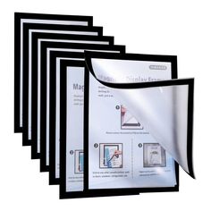 six black and white folders with pictures on them