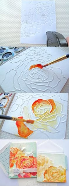 the process of painting flowers on paper with watercolors and paintbrushes is shown