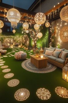 a living room with lots of lights hanging from the ceiling