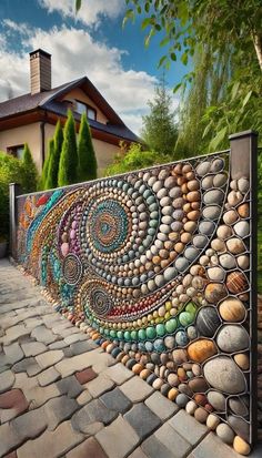 a fence made out of rocks and stones with a spiral design on the top, in front of a house