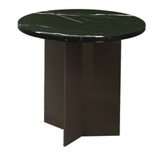 a round table with a black base and green marble on the top, against a white background