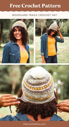 a woman wearing a crochet hat with the text free crochet pattern