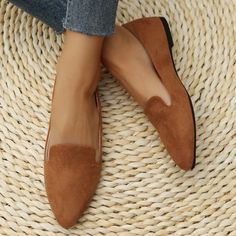 Brown Suede Pointed Toe Flat Loafers Leopard Print Shoes Flats, Suede Flats Shoes, Leopard Print Loafers, Heels Patterns, Casual Pumps, Elegant Flats, Leopard Print Flats, Comfortable Walking Shoes, Flat Loafers