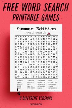 a printable summer word search is shown on a pink background with the text free word search