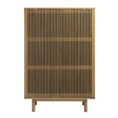 a wooden cabinet with vertical slats on the front and bottom, against a white background